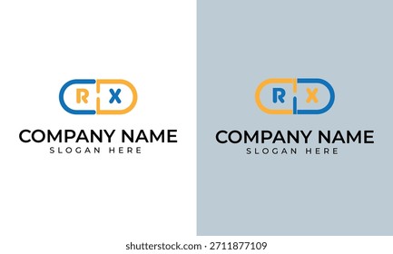 Dois logotipos idênticos apresentando uma forma de pílula azul e amarela com letras RX e X. O nome da empresa e o texto do slogan estão abaixo.