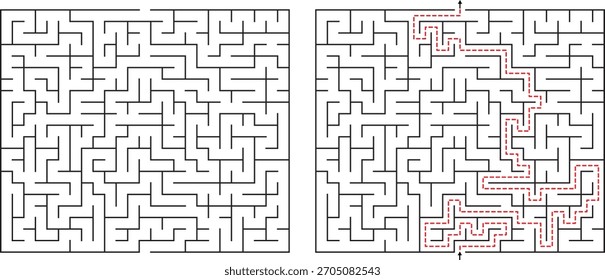 Two identical mazes side by side. The right maze shows a red line indicating the solved path from start to finish.