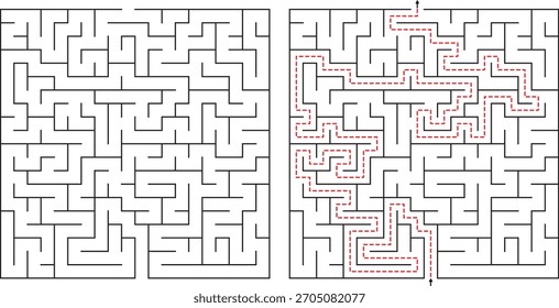 Dos laberintos idénticos uno al lado del otro. El laberinto derecho muestra un camino rojo que marca la solución de principio a fin.