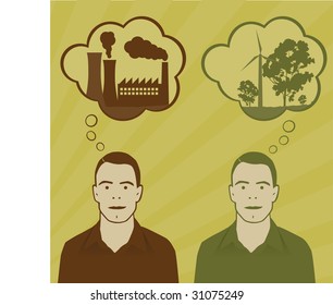 Two identical men think about pollution and green energy. Vector Illustration