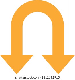 two identical orange arrows pointing directly downwards. They are positioned side-by-side, forming a symmetrical shape with a slight gap between them. The arrows a clean, flat and are set against a white background. This visual can represent a split in a path, a divergence of options, or a decision point where multiple directions are available. The color and simple form make it a clear and direct symbol.