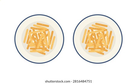Two identical plates of crispy golden french fries served in simple round bowls for food presentation graphics.