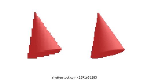 Two identical red pixelated cones placed next to each other. the cones have a simple geometric shape.