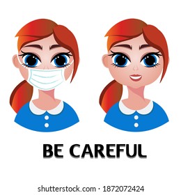 two identical red-haired girls, one of them wearing a medical mask on her face