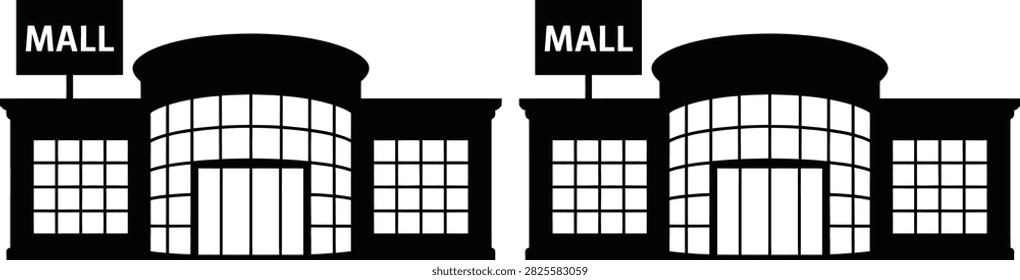 Two identical shopping mall buildings with glass windows and curved roofs