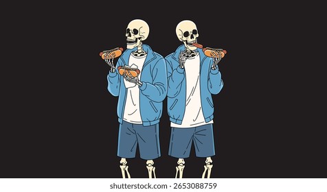 Two identical skeleton figures in blue jackets and white shirts standing against a dark background holding food items in their hands