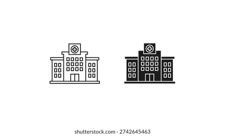 Two identical stylized buildings with clock towers facing each other