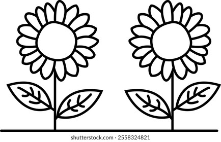 Two identical sunflowers with large circular centers and multiple petals. Each sunflower has a stem with two leaves. The flowers are simple, outlined drawings, and they are placed side by side.