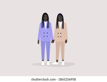 Two identical twin Black sisters wearing pastel suits and holding hands
