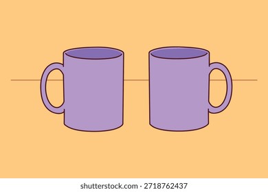 Two identical violet cups for coffee or tea placed side by side. Minimalist concept of morning drinks, breakfast for couple, or office kitchen supplies for coworkers.
