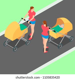 Two identical women with strollers are walking in the park. Two women with strollers in isometric vector and flat style.