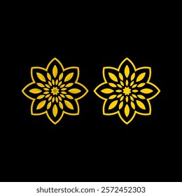 Two identical yellow floral patterns with eight petals each on a black background