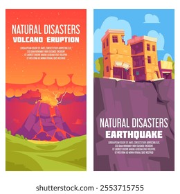 Two illustrated banners depicting natural disasters: a volcano eruption with lava and ash, and an earthquake with a cracked ground and damaged buildings.