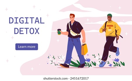 Two illustrated characters walking outdoors, vector illustration on a pink background, conveying the concept of digital detox. Flat vector illustration