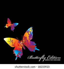 two illustrated colourful butterflys on a black background