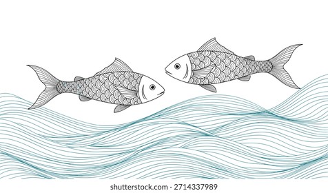 Two illustrated fish swim side by side through flowing blue waves in a calm ocean scene with intricate scales and graceful motion.