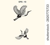 Two illustrated flying cranes depicted in a clean minimalist black and white line art vector graphic design style