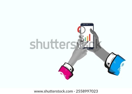 Two illustrated hands interacting with a business analytics app on a smartphone. The screen shows data visualization with charts, graphs, and financial metrics.