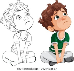 Two illustrated kids sitting, looking thoughtful and worried.