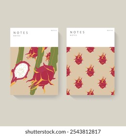 Dos cuadernos ilustrados con patrones de fruta de dragón sobre un fondo marrón. Diseño minimalista con cabecera blanca para texto. Concepto de papelería. Perfecto para el diario