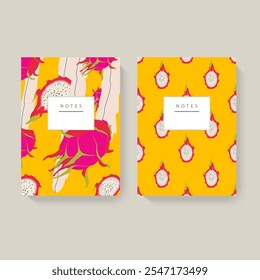 Dos cuadernos ilustrados con patrones de fruta de dragón sobre un fondo brillante. Diseño minimalista con cabecera blanca para texto. Concepto de papelería. Perfecto para el diario