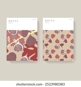 Two illustrated notebooks with fig patterns on a brown background. Minimalist design with a white header for text. Concept of stationery. Perfect for journaling