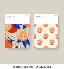 Two illustrated notebooks with orange patterns on a light background. Minimalist design with a white header for text. Concept of stationery. Perfect for journaling