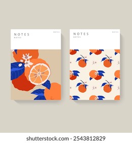 Dos cuadernos ilustrados con patrones naranjas sobre un fondo claro. Diseño minimalista con cabecera blanca para texto. Concepto de papelería. Perfecto para el diario