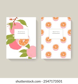 Dos cuadernos ilustrados con patrones naranjas sobre un fondo claro. Diseño minimalista con cabecera blanca para texto. Concepto de papelería. Perfecto para el diario