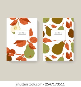 Two illustrated notebooks with pear patterns on a light background. Minimalist design with a white header for text. Concept of stationery. Perfect for journaling