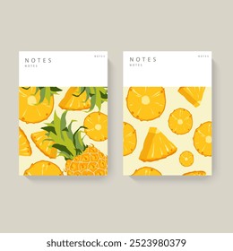 Dos cuadernos ilustrados con patrones de piña sobre un fondo blanco. Diseño minimalista con cabecera blanca para texto. Concepto de papelería. Perfecto para el diario