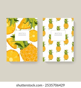 Dos cuadernos ilustrados con patrones de piña sobre un fondo blanco. Diseño minimalista con cabecera blanca para texto. Concepto de papelería. Perfecto para el diario