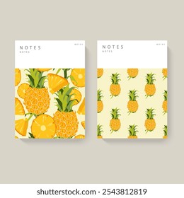 Dos cuadernos ilustrados con patrones de piña sobre un fondo blanco. Diseño minimalista con cabecera blanca para texto. Concepto de papelería. Perfecto para el diario