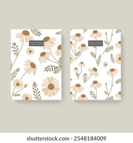 Dos cuadernos de bocetos ilustrados con patrones florales sobre un fondo blanco. Diseño minimalista. Concepto de papelería.