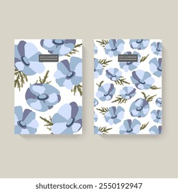 Dos cuadernos de bocetos ilustrados con patrones florales sobre un fondo blanco. Diseño minimalista. Concepto de papelería.