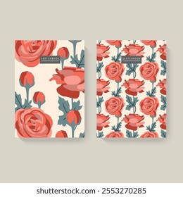 Dos cuadernos de bocetos ilustrados con patrones florales sobre un fondo blanco. Diseño minimalista. Concepto de papelería.