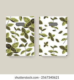 Two illustrated sketchbooks with herbs patterns on a white background. Minimalist design. Concept of stationery.