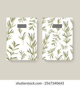 Two illustrated sketchbooks with herbs patterns on a white background. Minimalist design. Concept of stationery.