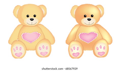 two illustrated teddy bears with hearts