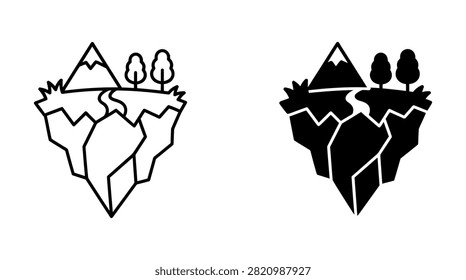 Two illustrating a floating island with a mountain, trees, and a river, presented in both a clean line and a solid black silhouette.