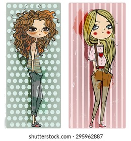 two illustration with fashion teen girls