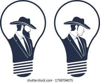 Zwei Illustrationen von Herren mit Hut in einer Glühbirne