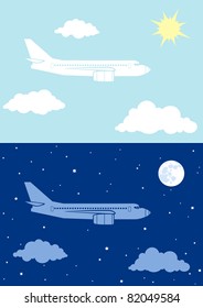 Two illustrations airplane flying in the sky