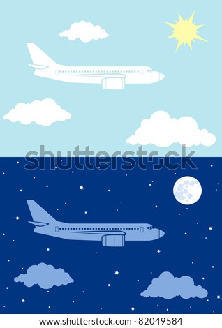 Two illustrations airplane flying in the sky