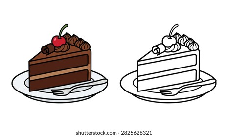 Two illustrations of cake slices, one chocolate and one vanilla, each topped with a cherry and cream, presented on plates.