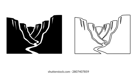 Two illustrations of canyon landscape with river flowing through rocky cliffs and mountains side by side in black and white on white background