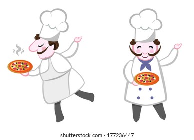 Two illustrations of the character Chef with pizza - vector - stock vector