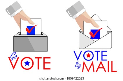 Two illustrations in color of the action to vote for mail or in person