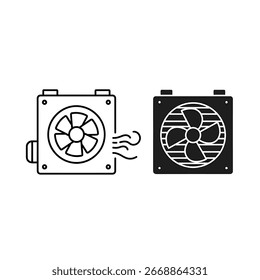 Two illustrations of computer cooling fans, one outlined and one filled, showing airflow.  Simple, clean design.