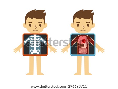Two illustrations of cute cartoon boy with x-ray screen showing his internal organs and skeleton. Element of educational infographics for kids.